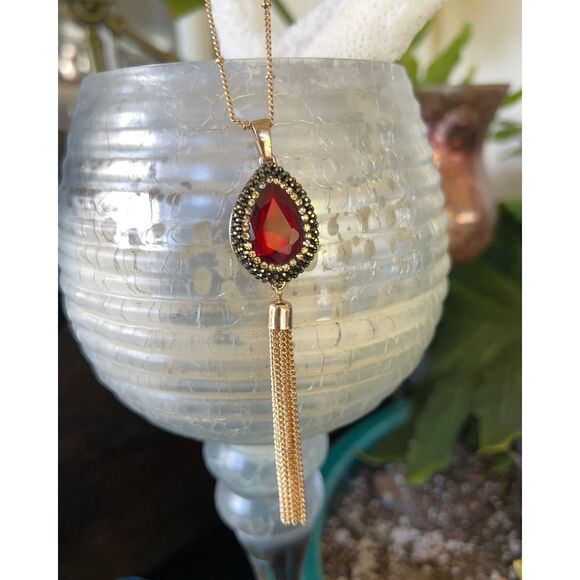 Gold/Ruby Tear Drop Haloed by Champagne & Chocolate Colored Swarovski Crystals - Picture 4 of 6